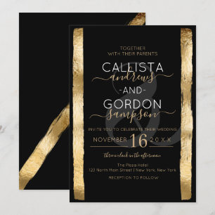 Invitation Chic Artsy Black Gold Brushstroke Frame Mariage