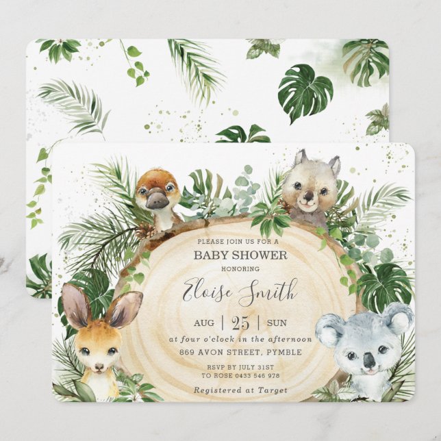 Invitation Chic Australian Animals Baby shower de verdure en  (Devant / Derrière)