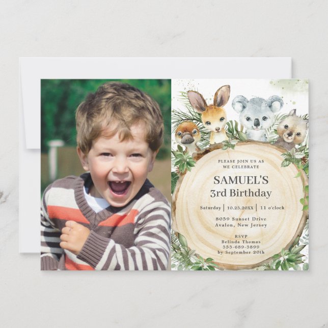 Invitation Chic Australian Animaux Rustic Wood Photo Annivers (Devant)