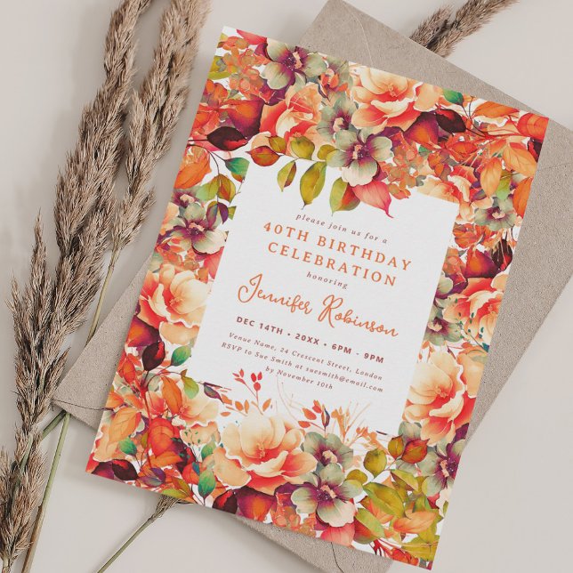 Invitation Chic Automne Aquarelle Automne Floral 40e Annivers (Chic Fall Autumn Watercolor Floral 40th Birthday Invitation)