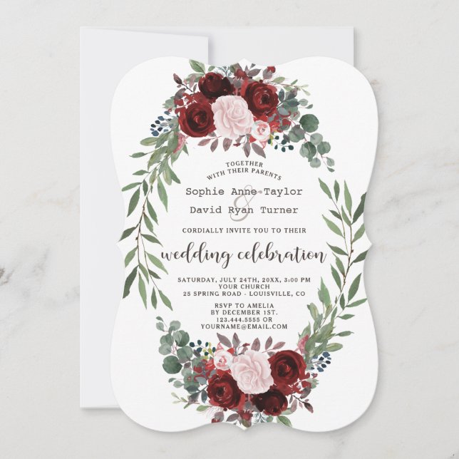 Invitation Chic Automne Bourgogne Marsala Floral Wreath Maria (Devant)
