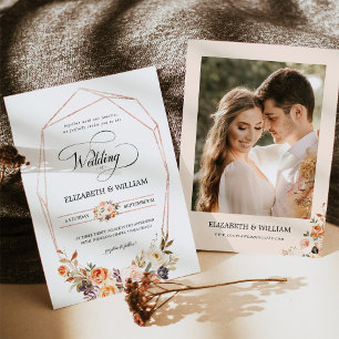 Invitation Chic Automne Terracotta Floral Frame Photo Mariage