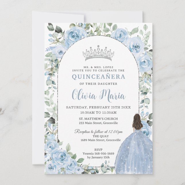 Invitation Chic Baby Blue Floral Princesse Quinceañera Argent (Devant)