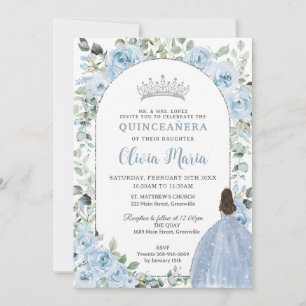 Invitation Chic Baby Blue Floral Princesse Quinceañera Argent