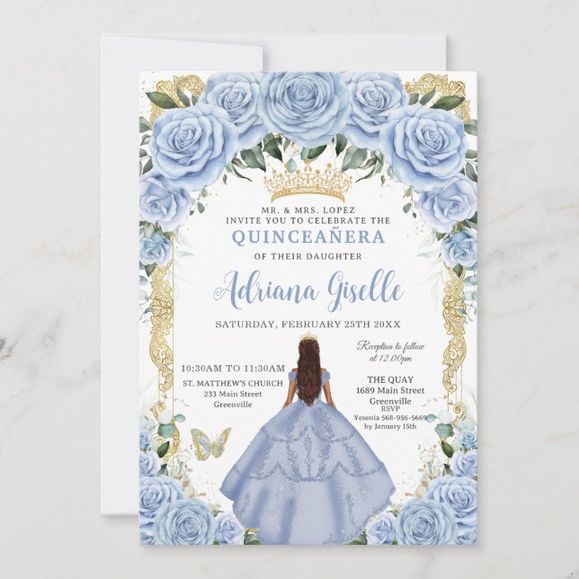 Invitation Chic Baby Blue Flowers Brown Princesse Quinceañera (Devant)