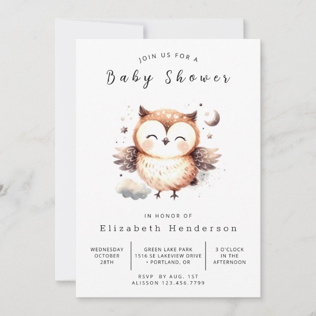Invitation Chic Baby shower de Chouette gracieuse (Devant)