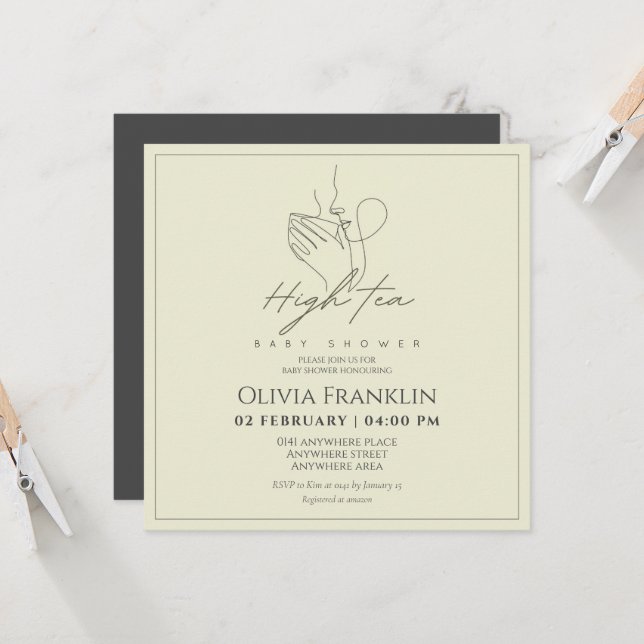 Invitation Chic, baby shower de fête du thé (Devant/Arrière en situation)