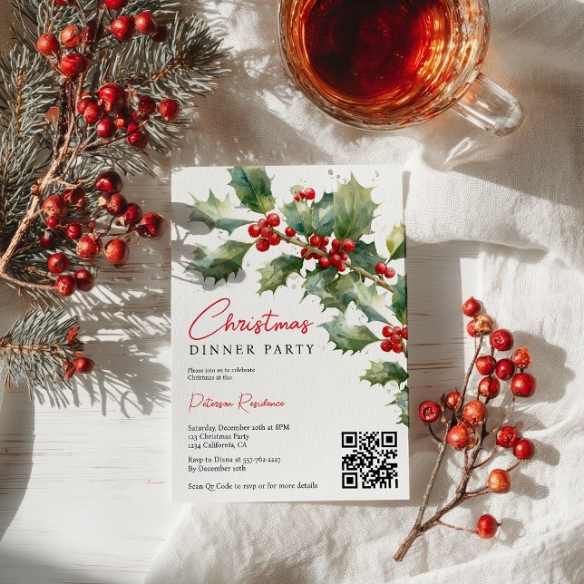 Invitation Chic Baies de Houx Noël Entreprise (Chic Watercolor Holly Berries Christmas Corporate Invitation)