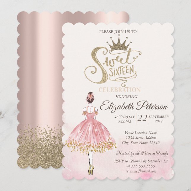Invitation Chic Ballerina, Tiara, Diamonds Rose Gold Sweet 16 (Devant / Derrière)