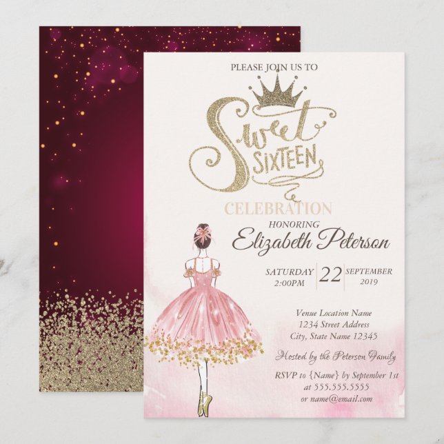 Invitation Chic Ballerina, Tiara, Diamonds Sweet 16 (Devant / Derrière)