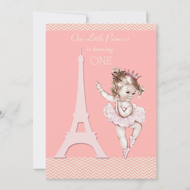 Invitation Chic Ballerina Tour Eiffel Chevrons 1er anniversai (Devant)