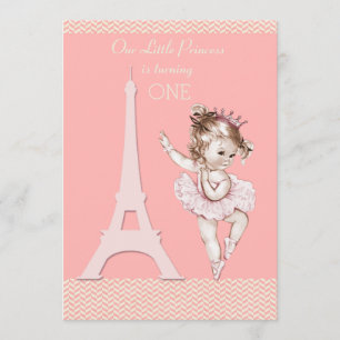 Invitation Chic Ballerina Tour Eiffel Chevrons 1er anniversai