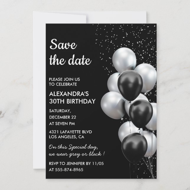 Invitation Chic Balloon Noir Gris 30e Enregistrer la Date  (Devant)
