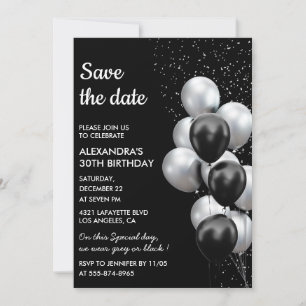 Invitation Chic Balloon Noir Gris 30e Enregistrer la Date 