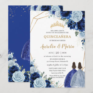 Invitation Chic Bébé Bleu Royal Bleu Floral Twins Quinceañera