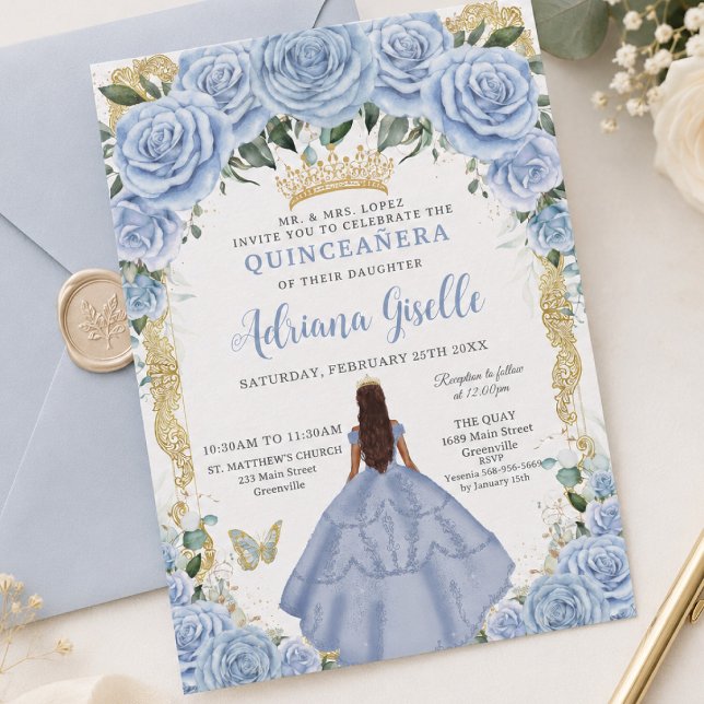 Invitation Chic Bébé Fleurs Bleues Marron Princesse Quinceañe (Créateur téléchargé)