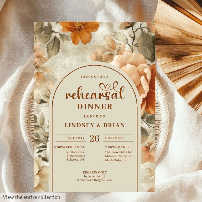 Invitation Chic Beige Olive Floral Rouillé Répétition Invitat (Chic Rusty Beige Olive Floral Rehearsal Invitation)
