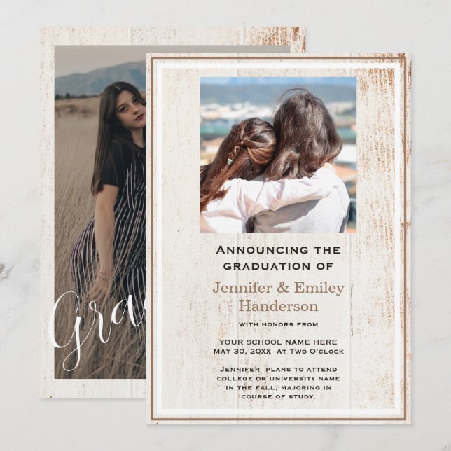 Invitation Chic Beige photo double graduation Announcement (Devant / Derrière)