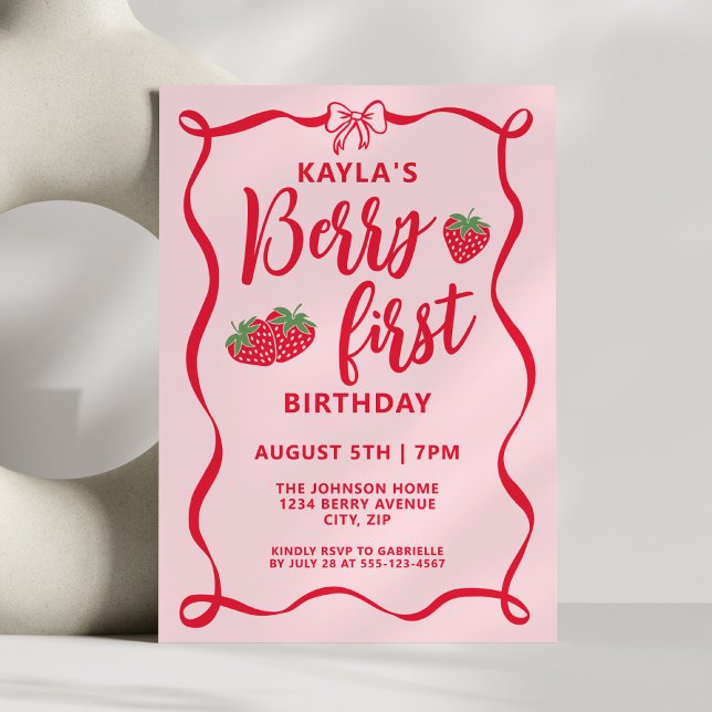 Invitation Chic Berry First Birthday Red Bow Strawberry (Créateur téléchargé)