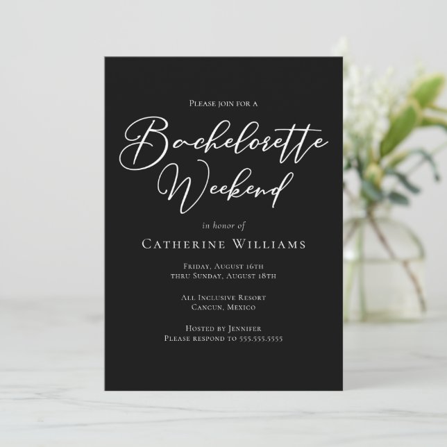 Invitation Chic Black Bachelorette Weekend Minimalist (Debout devant)