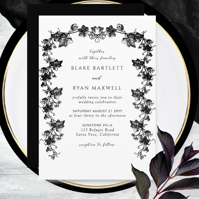 Invitation Chic Black Enchantant Botanical Garlands Mariage (Créateur téléchargé)