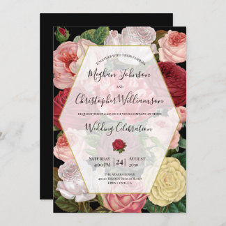 Invitation Chic Black Geometric Vintage Rose Floral Mariage