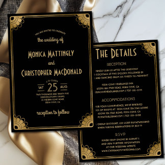 Invitation Chic Black Gold Art Déco Floral All-in-One Mariage