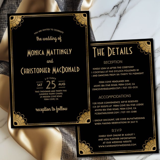 Invitation Chic Black Gold Art Déco Floral All-in-One Mariage (Classy black and gold all-in-one art deco wedding invitation with details on back)