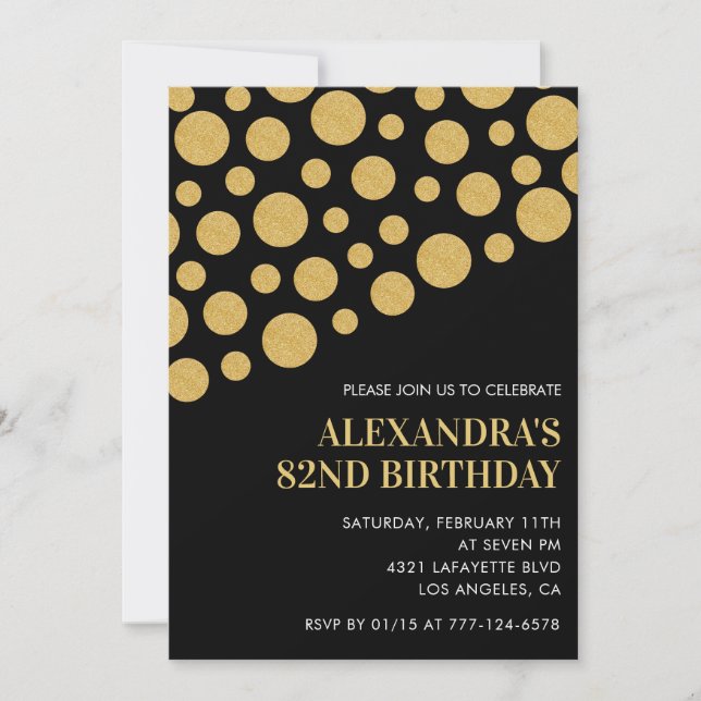 Invitation Chic Black Gold Confetti 82e anniversaire (Devant)