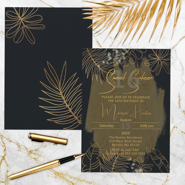 Invitation Chic Black Gold Glittery Tropical Foliage Sweet 16 (Créateur téléchargé)