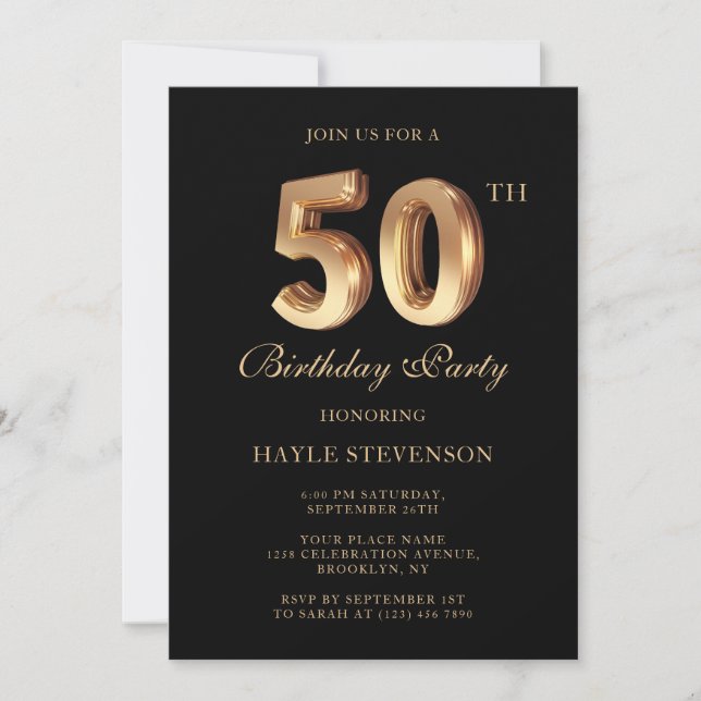 Invitation Chic Black & Gold Luxe élégant 50e anniversaire (Devant)