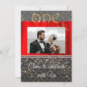 Invitation Chic Black Gold & Pearls 1er anniversaire Mariage