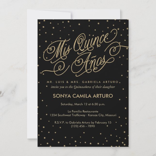 Invitation Chic Black & Gold Stars Quinceañera 15e anniversai (Devant)