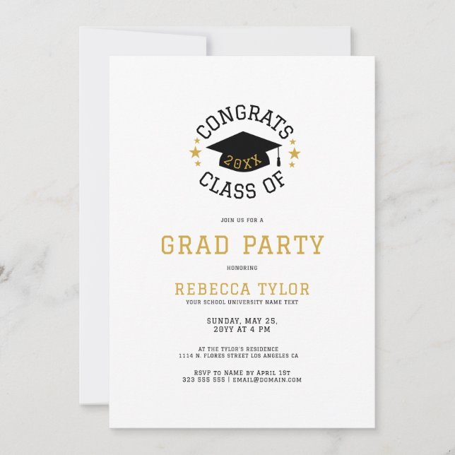Invitation Chic Black & Gold Typographie Grad Casquette Invit (Devant)