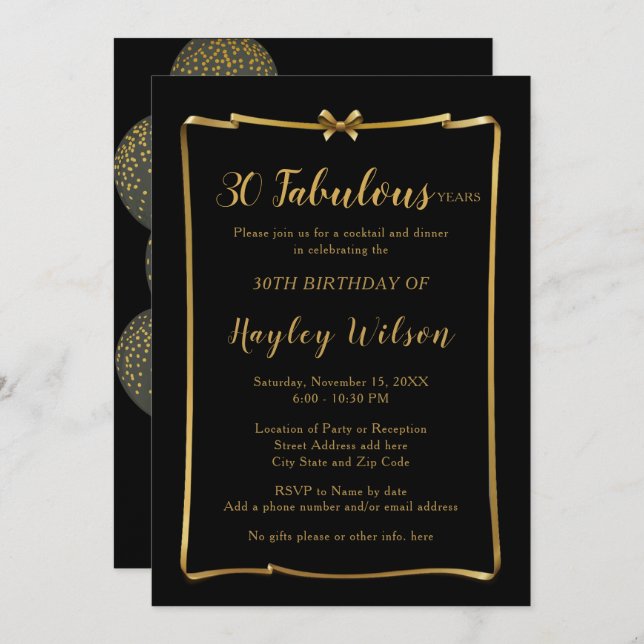 Invitation Chic Black n Gold Bow Frame l'anniversaire de la f (Devant / Derrière)
