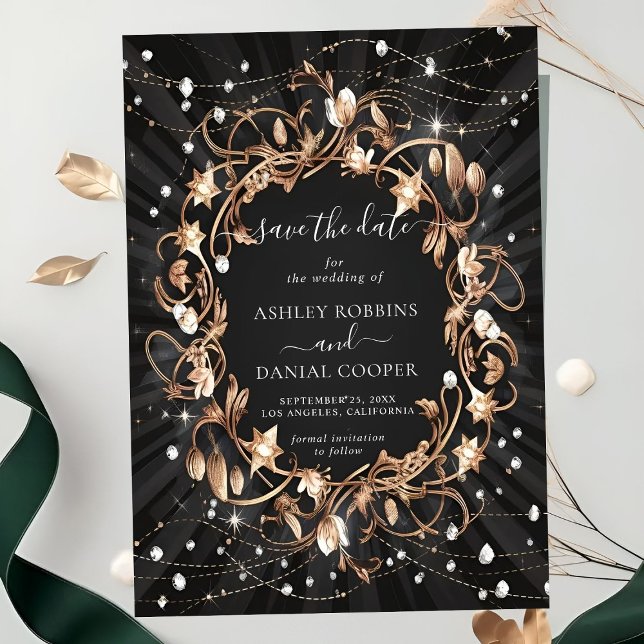 Invitation Chic Black Ornate Feuilles Or Enregistrer La Date (Créateur téléchargé)