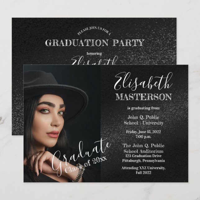 Invitation Chic Black Photo Graduation Party (Devant / Derrière)
