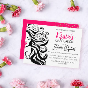 Invitation Chic Black Pink Hair Styliste Graduation Party mig