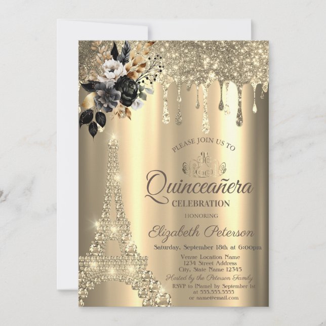 Invitation Chic Black Rose Eiffel Tower Gold Drives (Devant)