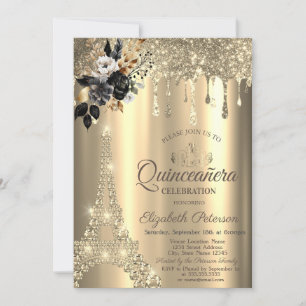 Invitation Chic Black Rose Eiffel Tower Gold Drives