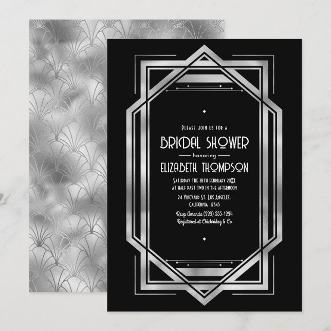 Invitation Chic Black & Silver Gatsby Art Deco Bridal Shower (Devant / Derrière)