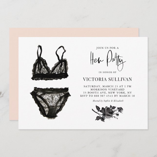 Invitation Chic Black Watercolor Lace Lingerie Hen Party (Devant / Derrière)