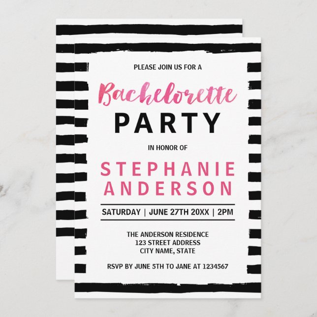 Invitation Chic Black & White Bachelorette Party (Devant / Derrière)