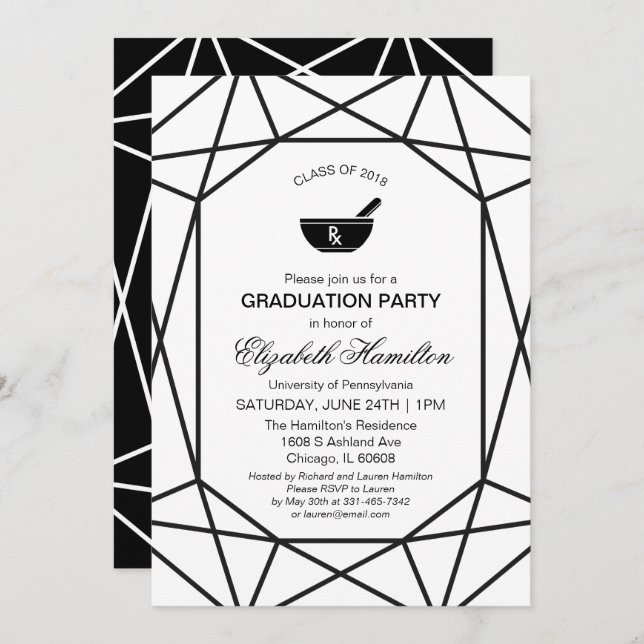 Invitation Chic Black & White Gem Pharmacy School Grad Party (Devant / Derrière)