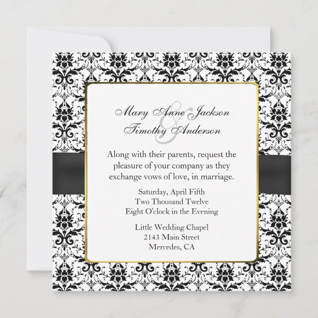 Invitation chic Black & White Mariage damassé (Devant)
