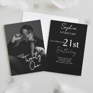 Invitation Chic Black & White Modern21st Photo Birthday