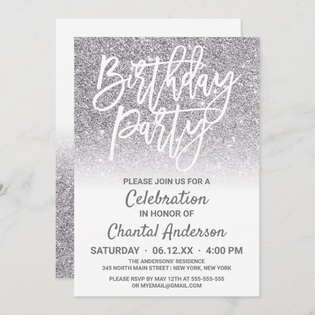 Invitation Chic blanc argent Faux Parties scintillant Ombre A (Devant / Derrière)