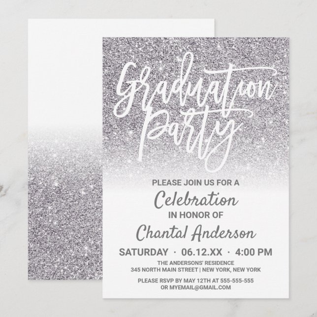 Invitation Chic Blanc Argent Faux Parties scintillant Ombre G (Devant / Derrière)