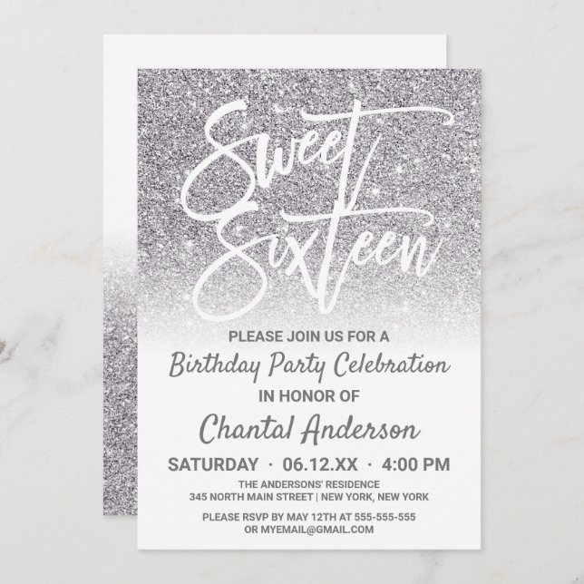 Invitation Chic blanc argent Faux Parties scintillant Ombre S (Devant / Derrière)
