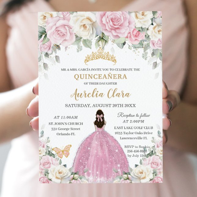 Invitation Chic blanc bébé rose roses Floral or Quinceañera (Créateur téléchargé)